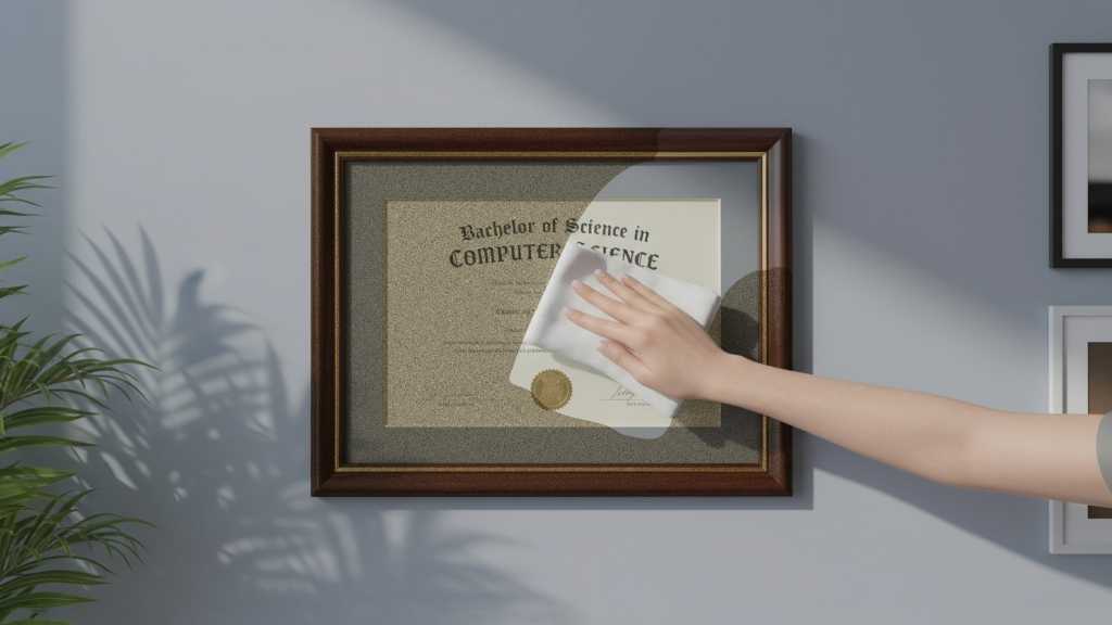 Photo illustration of hand wiping dust off of old computer science degree