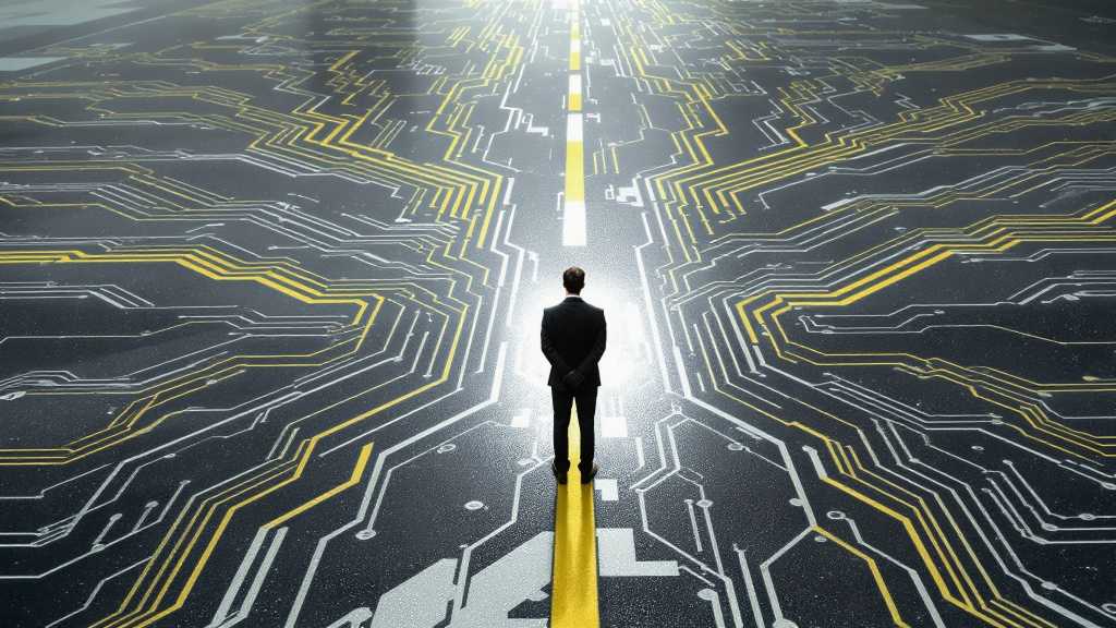 Illustration showing a businessperson standing on a circuitboard navigating the path forward